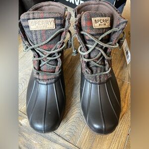Sperry Saltwater Brown/ Wool Plaid Black and Red Plaid Duck Boots
